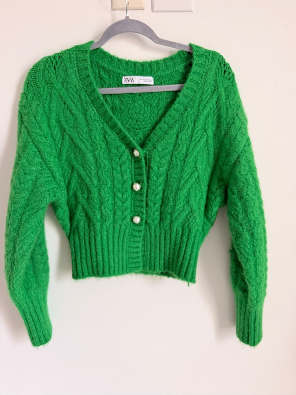 Zara Bright Green Cable Knit Cropped Cardigan with Pearl Buttons